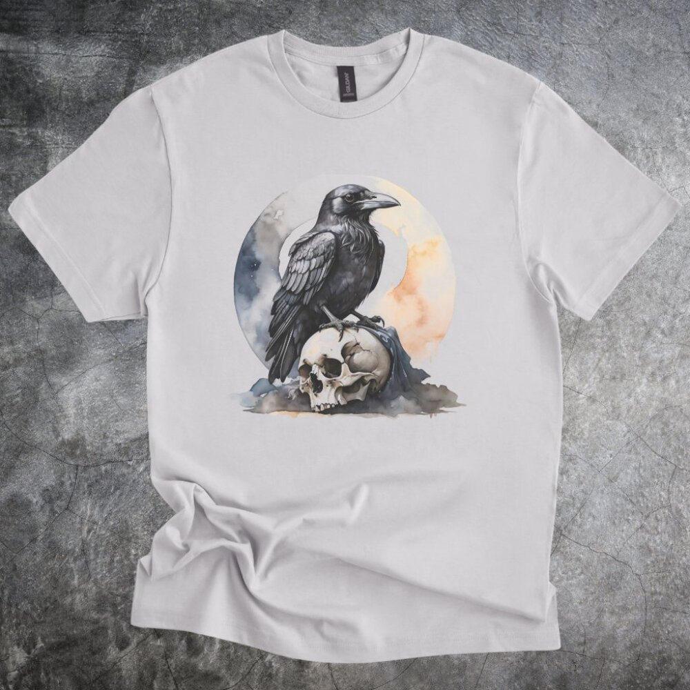 Dark Raven Shirt Skull Moon Illustration Tshirt Cotton Tee Light Gray